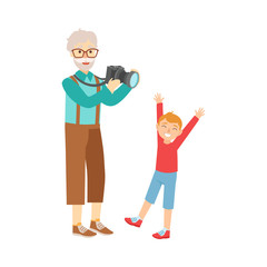 Grandfather And Grandson Taking Pictures,Part Of Grandparent And Grandchild Passing Time Together Set Of Illustrations