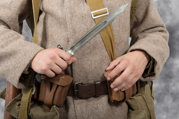 Close-up of the bayonet of a Soviet soldier,ww2