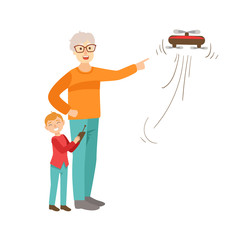 Grandfather And Grandson Flying A Drone, Part Of Grandparent And Grandchild Passing Time Together Set Of Illustrations