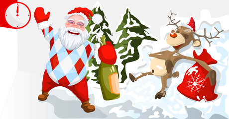 Santa with reindeer - New Year's card - a festive screensaver - Christmas poster - an invitation to a banquet