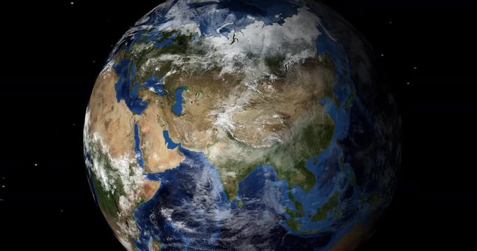 Rotating Earth Seen From Outer Space. Earth passing camera from left to right. Rendered with NASA's Blue Marble Images.