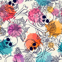 Behang Doodshoofd met bloemen Naadloos patroon met schedel en dahlia