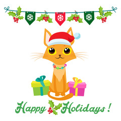 Cute Christmas Vector Card With Text Happy Holidays. Cute Cat In Christmas Costume. Merry Christmas, Happy New Year Congratulation Design Element. Good For Xmas Card, Banner.