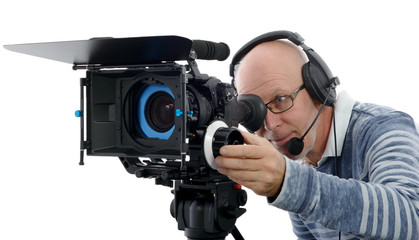 Handsome man with camcorder on white background