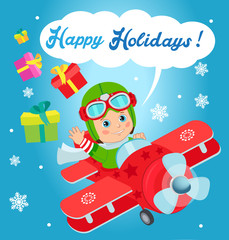 Christmas Santa Helper Boy. Cute Boy Pilot Flies On A Airplane And Deliver Christmas Gifts. Card For New Year And Happy Holiday Theme.