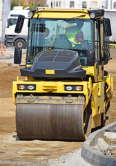 Steam roller at the road construction