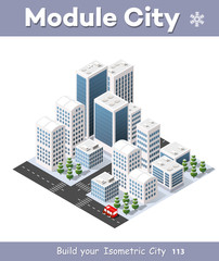Obraz premium Isometric set 3D city three-dimensional winter town quarter. Skyscrapers, apartment, office, houses and streets with urban traffic movement of the car with trees and nature