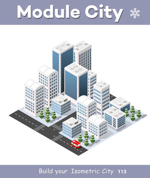Isometric set 3D city three-dimensional winter town quarter. Skyscrapers, apartment, office, houses and streets with urban traffic movement of the car with trees and nature