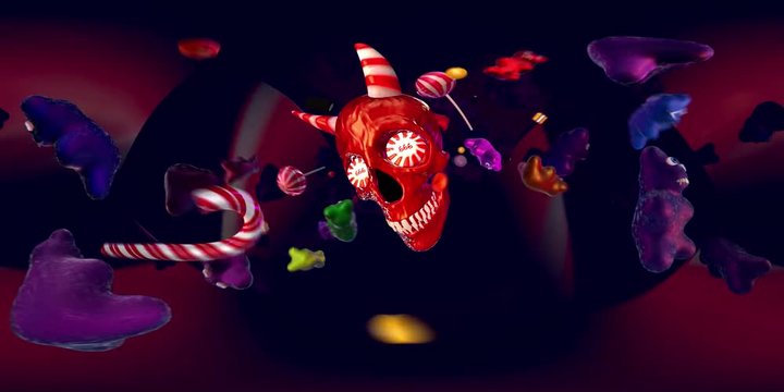 Candies around a skull. Seamless background for virtual reality. 360 degrees equirectangular computer generated video loop. Environment map.