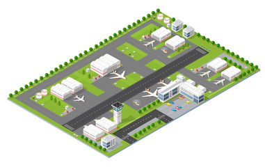 Isometric 3D city airport with transport aircraft and the runway. Skyscrapers, houses and streets with urban traffic movement of the car with trees and nature