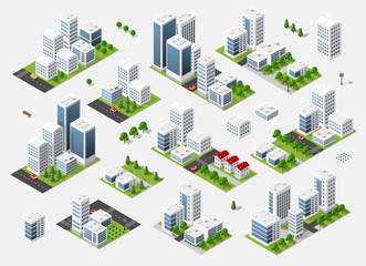 Isometric set 3D city three-dimensional summer town quarter. Skyscrapers, apartment, office, houses and streets with urban traffic movement of the car with trees and nature
