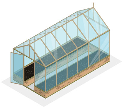 Isometric greenhouse with glass walls, foundations, gable roof and garden bed. Vector Horticultural Conservatory for growing vegetables and flowers. Classic cultivate greenhouse gardening.