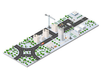 Isometric winter landscape of skyscraper view of building office and residential area of construction