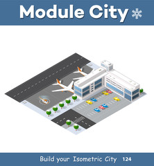 Isometric 3D airstrip of the city international airport terminal and the plane transportation and airplane runway, aircraft jet. Urban transport and building construction. Roads, trees and paths.