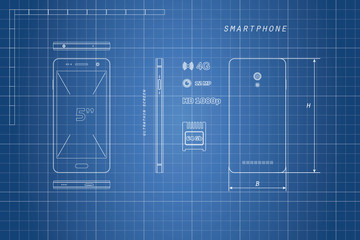 Drawing of outline smartphone. Phone in different views: in fron