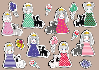 Set of flat icons princesses girls in colorful dresses with dogs . Vector illustration.	