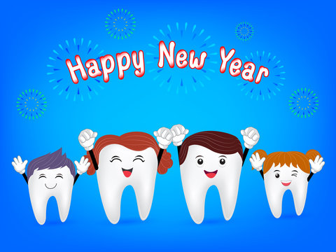 Happy new year 2017 with cute cartoon tooth family. Illustration isolated on blue background.