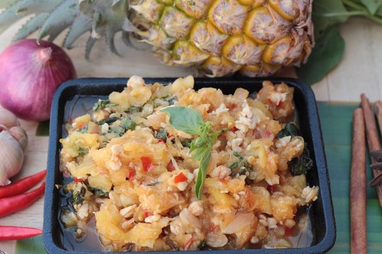 Pineapple curry with pork in pan delicious.