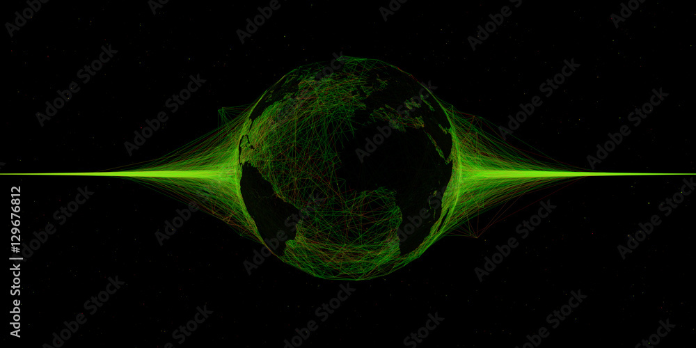 Poster 3d abstract technology globe illustration. countries map over plexus intersections. partlcies and ra