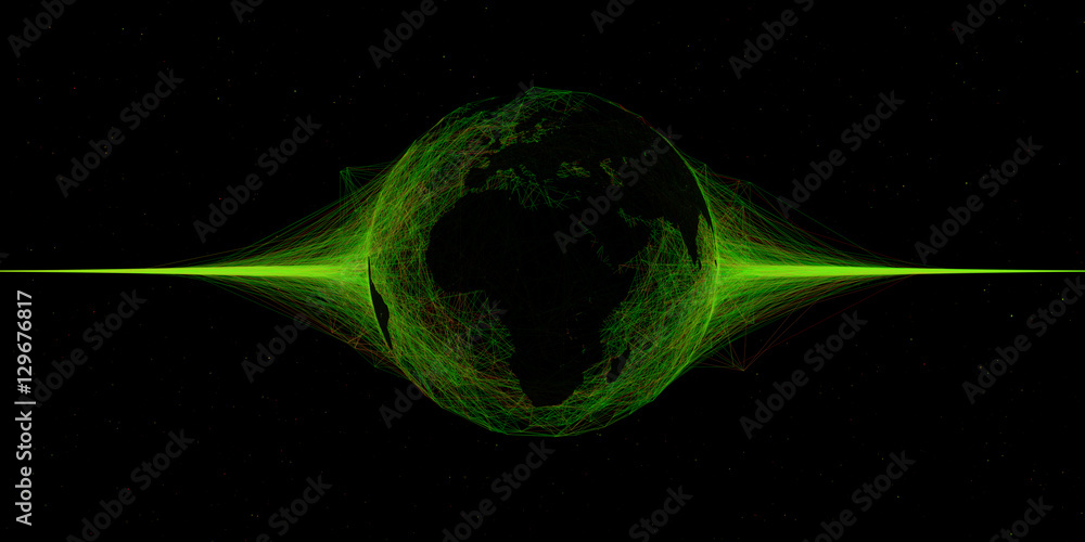 Poster 3d abstract technology globe illustration. countries map over plexus intersections. partlcies and ra