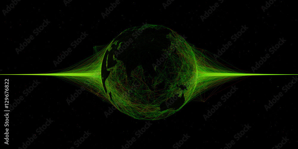 Poster 3d abstract technology globe illustration. countries map over plexus intersections. partlcies and ra