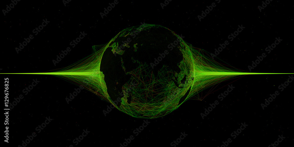 Poster 3d abstract technology globe illustration. countries map over plexus intersections. partlcies and ra