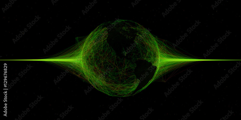 Poster 3d abstract technology globe illustration. countries map over plexus intersections. partlcies and ra