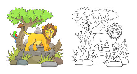 Obraz premium cartoon lion looks around the savannah standing on a rock 