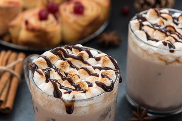 Cocoa with roasted marshmallows and cranberry buns