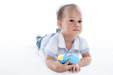 boy with a camera, white background.