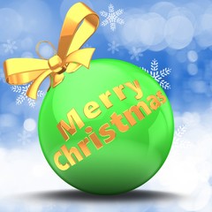Obraz premium 3d illustration of green Christmas ball over winter background with Merry Christmas sign and yellow ribbon