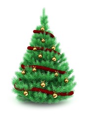 3d illustration of Christmas tree over white background with red tinsel and golden balls