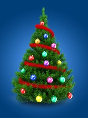 3d illustration of green Christmas tree over blue background with red tinsel and colorful balls