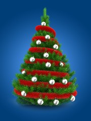 3d illustration of green Christmas tree over blue background with red tinsel and silver balls