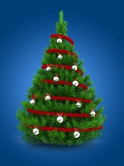 3d illustration of green Christmas tree over blue background with red tinsel and metallic balls