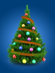 3d illustration of green Christmas tree over blue background with orange tinsel and colorful balls