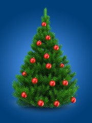 3d illustration of green Christmas tree over blue background with red balls