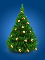 3d illustration of green Christmas tree over blue background with golden balls