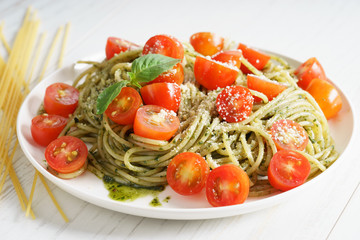 Pasta spaghetti with pesto sauce