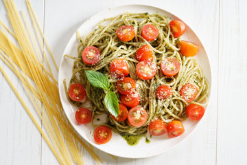 Pasta spaghetti with pesto sauce