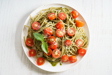 Pasta spaghetti with pesto sauce