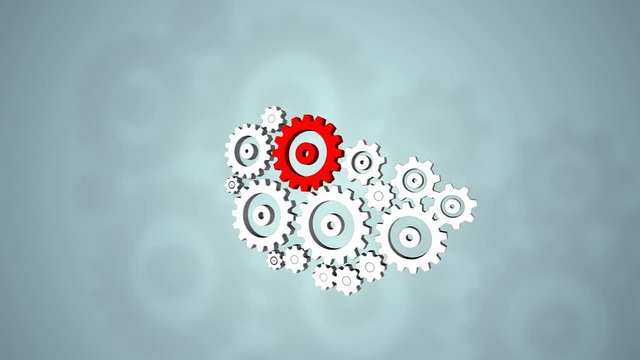 broken gears system, 3d animation. Among white one red gears. It stands out among all. Stand out among the crowd. Not like anything special. One against all.