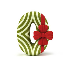 Number zero decorated as Gift Box with Red Ribbon isolated on White Background. Font Concept with Xmas Color Scheme. 3d rendering illustration