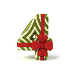 Number 4 decorated as Gift Box with Red Ribbon isolated on White Background. Font Concept with Xmas Color Scheme. 3d rendering illustration