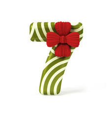 Number 7 decorated as Gift Box with Red Ribbon isolated on White Background. Font Concept with Xmas Color Scheme. 3d rendering illustration