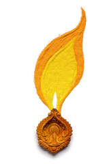 Creative design of burning diwali diya (clay lamp) made of handmade soil colors isolated on white background.