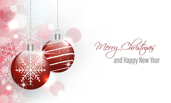 Merry Christmas and Happy New Year greeting card with hanging baubles.