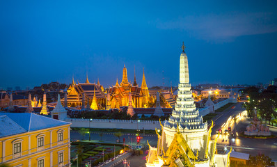 Wat Phra Kaew, temple of the emerald Buddha and Grand Palace at twilight in Bangkok, Thailand