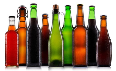 Set of beer bottles isolated on white background.