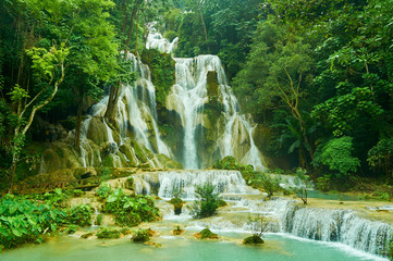 Fototapeta na wymiar Kuang Si Waterfall or Tat Kuang Si Waterfall in Luang Prabang, Laos